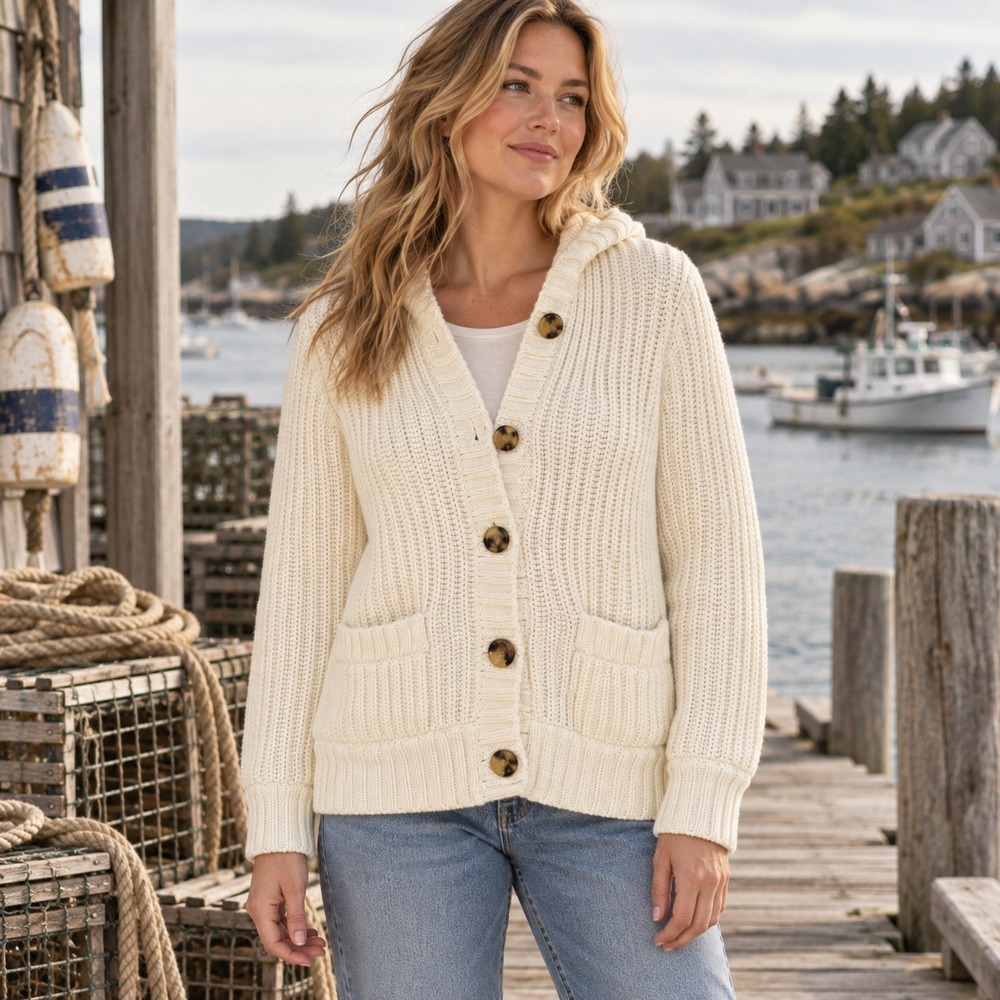 J Crew Spring 2009 Hooded Cardigan M White Cotton Chunky Knit Preppy Fisherman